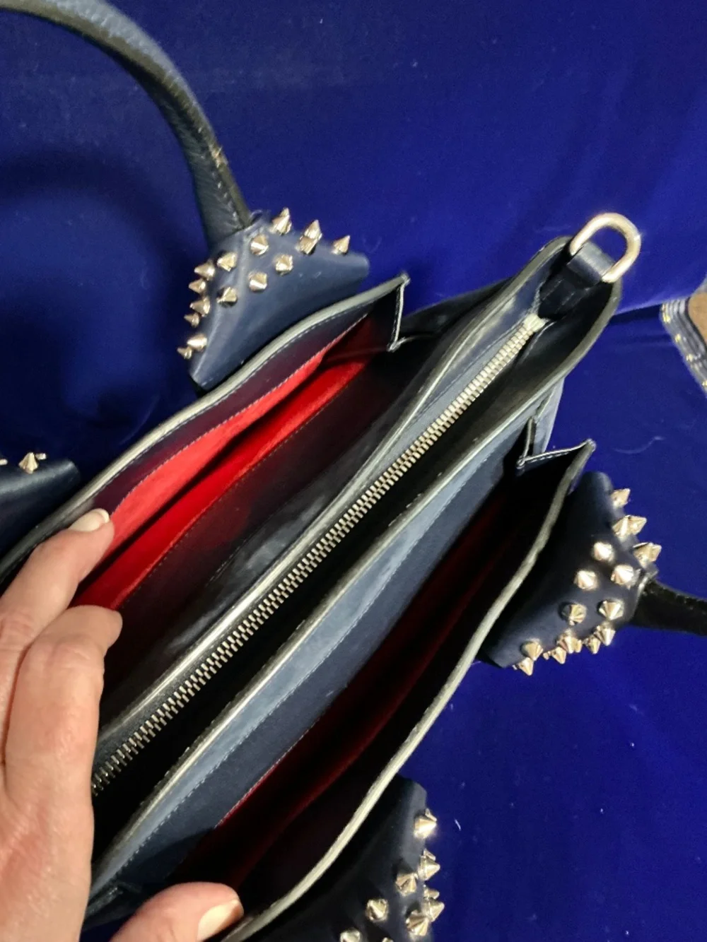 Christian Louboutin Navy Blue Top Handle Spiked 2way Eloise Satchel/Tote Bag - Picture 10 of 11